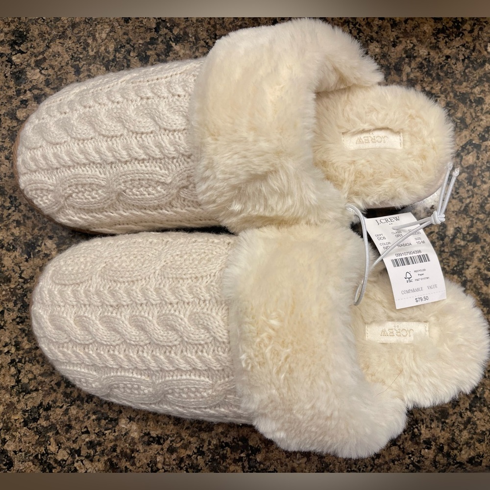 J. Crew Cream Faux Fur Slippers
